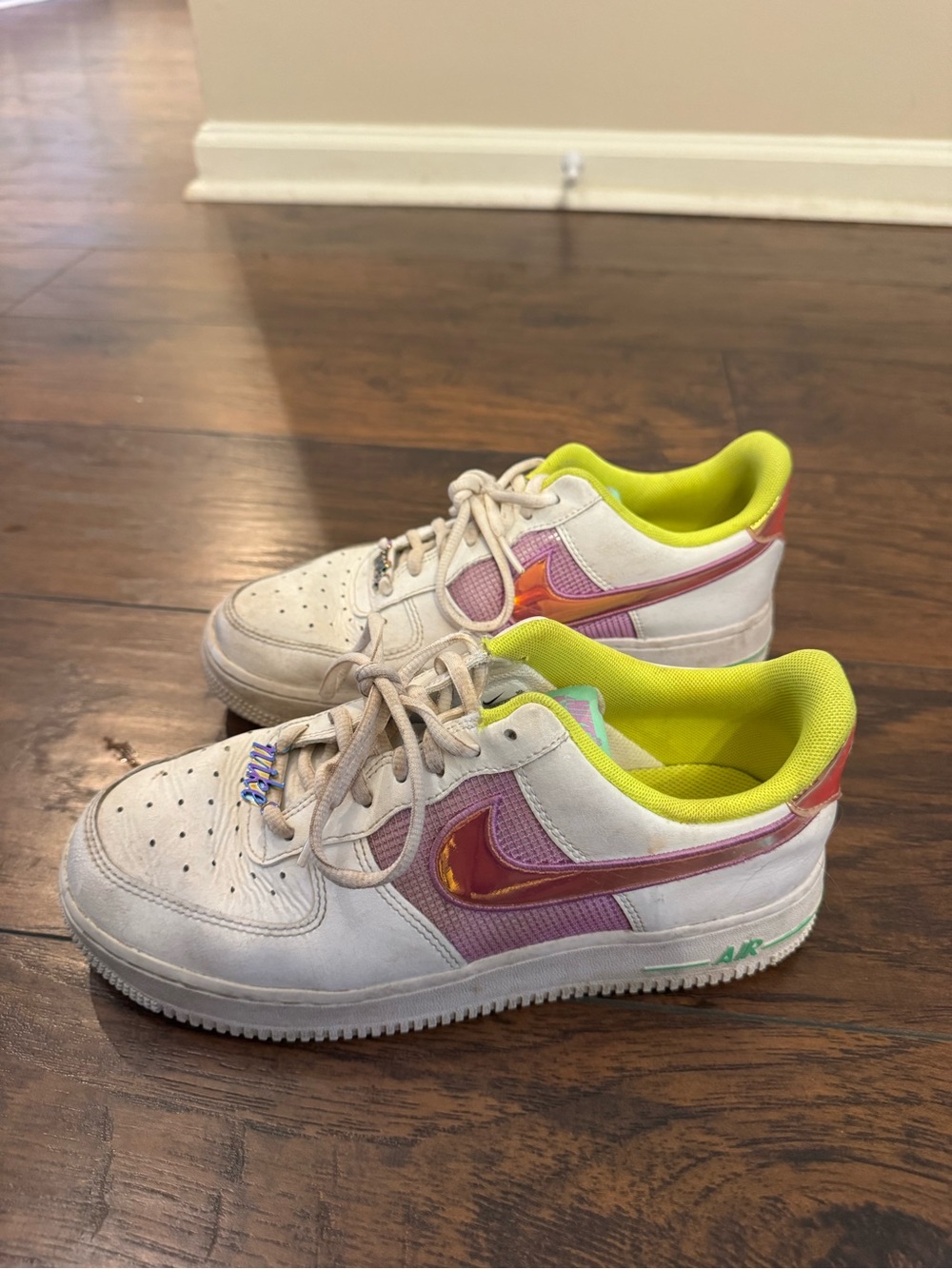 Nike White & Pink Low-Top Sneakers with Neon Yellow Lining